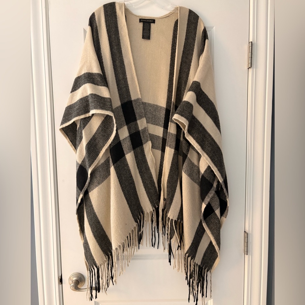 Banana Republic Black and Cream Cashmere Blend Striped Poncho
